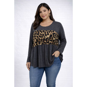 Amaryllis Leopard Colorblock Peplum Top – Size Large – Long Sleeve